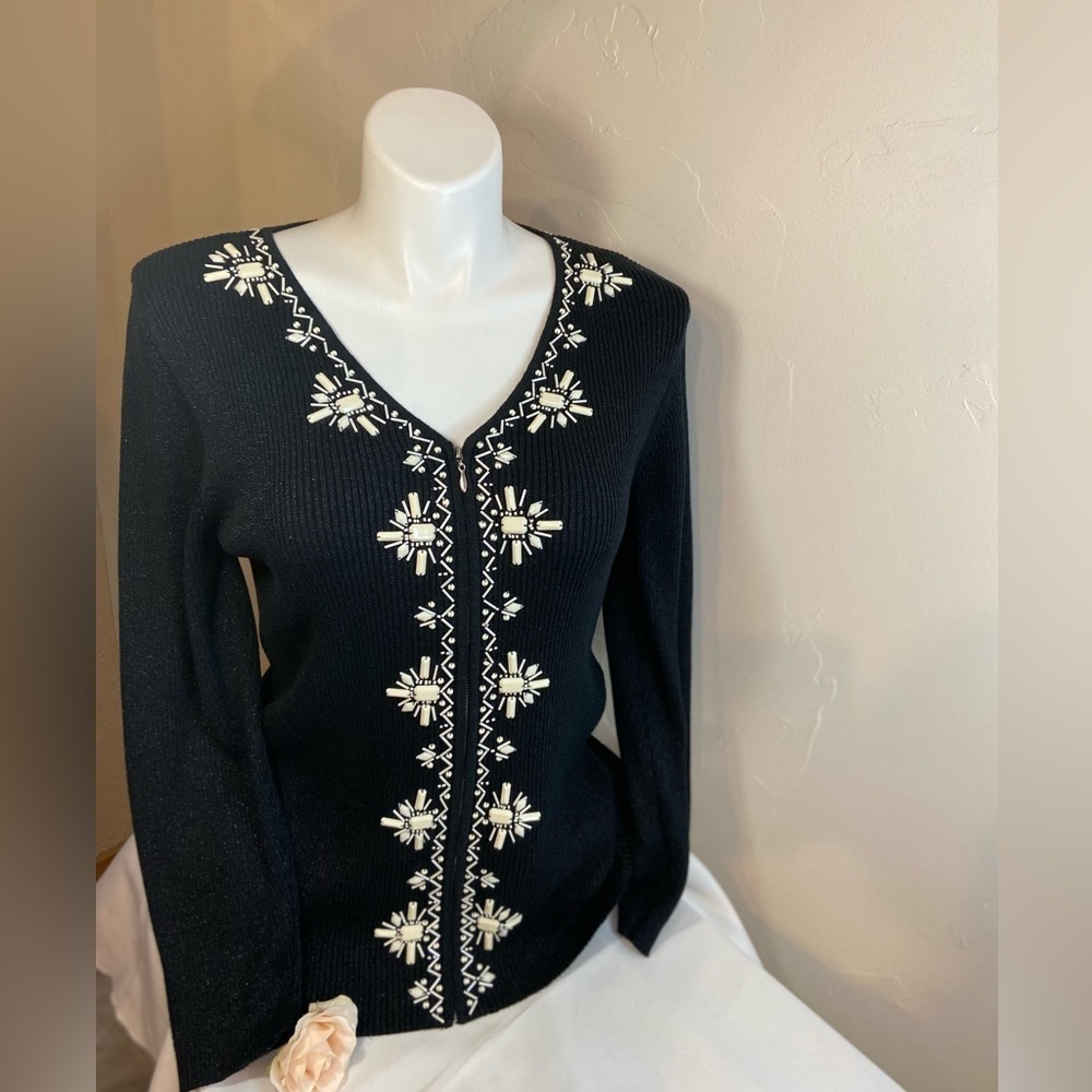 Lauren Michelle~Black Ribbed V-Neck Zip-Up Sweater~Beaded~Long Sleeves~Size L